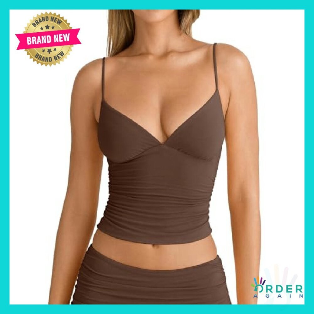 V Neck Ruched Cami Crop Top Double Layer Fitted Y2K Chic Sexy - Picture 5 of 8